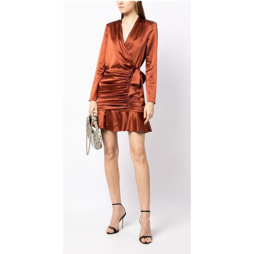 Veronica Beard Mini Dress Silk Brown Agatha Ruched Long Sleeve New